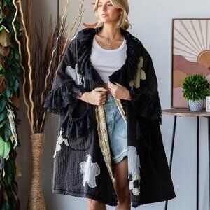 067Oli & Hali Flower Patchwork Lace Ruffle Sleeve Duster Washed Black Size Small